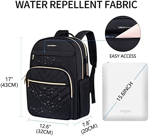 VANKEAN 15.6 Inch Laptop Backpack for Women Men Work Laptop Bag Fashion with USB Port, Waterproof Purse Backpacks Teacher Nurse Stylish Travel Bags Casual Daypacks for College, Business, Black - Image 2