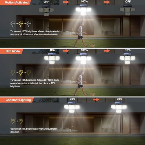 Solar Lights Outdoor, 4 Heads Motion Sensor Light with Remote Control, 342 LEDs Waterproof Security Light with 2 Motion Sensors, 3 Modes Flood Lights for Garden Backyard House Outside - Image 8
