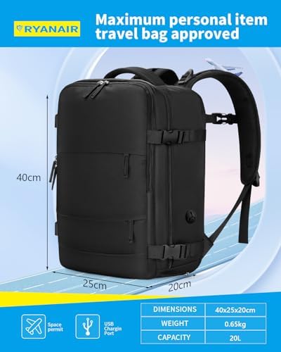 Cabin Bags for Ryanair 40x20x25 Underseat Travel Bag 11 Pockets Hand Luggage Bag Cabin Bag with Separate Shoe Pocket for Women & Men Carry on Bag, 20L, Black - Image 2