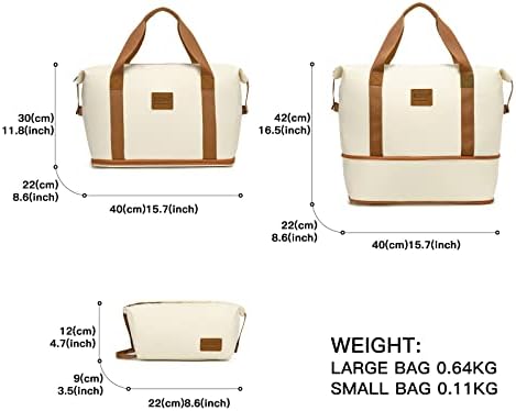 Kono Travel Duffel Bag Expandable Overnight Weekend Bags for Women with a Cosmetic Pouch Dry and Wet Seperated Water Resistant Carry On Hand Luggage Sports Gym Hospital Tote 36L (Beige/Brown) - Image 5