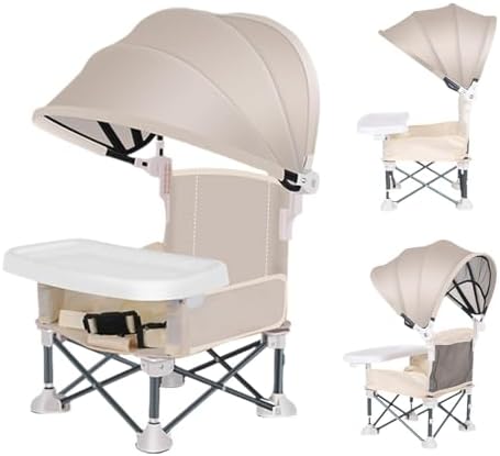 Baby Folding Dining Chair with Canopy and Removable Tray, Portable Baby Travel Seat Booster Toddler Dining Seat for Indoor Outdoor Camping Beach Lawn - Image 3