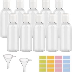 Travel Bottles, 60ml Empty Refillable, 10pcs Clear Containers with 2 Funnels and Colorful Labels, Reusable Plastic Bottles for Shampoo, Lotions, Cosmetics