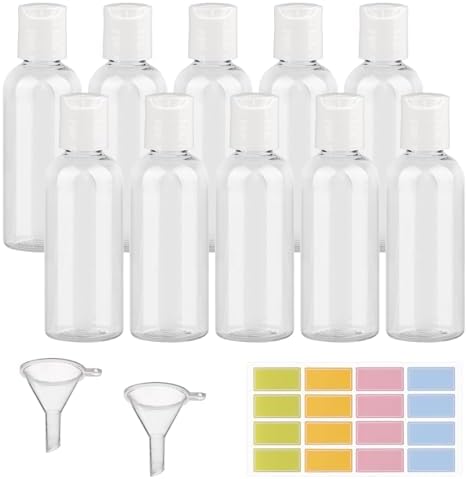 Travel Bottles, 60ml Empty Refillable, 10pcs Clear Containers with 2 Funnels and Colorful Labels, Reusable Plastic Bottles for Shampoo, Lotions, Cosmetics