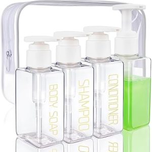 Travel Bottles Travel Accessories Toiletries 4 Pack 3.7oz/110ml Travel Shampoo and Conditioner Bottles Empty Plastic Pump Bottle Dispenser Travel Size Bottles (3labels &1blank)
