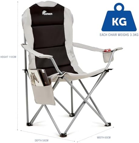 SUNMER Padded Camping Chairs - Set of 2 Deluxe Folding Chairs with Cup Holder and Side Pockets, Holds up to 120kg - Lightweight 3.3kg per Chair - Black & Grey - Image 2