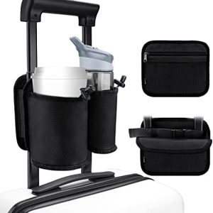 WALNEW Luggage Travel Cup Holder, Hands-free Drink Caddy Attachment Drinks Carrier for Drink Beverages Coffee Mugs fits Roll on Suitcase Handles Travel Accessories Black