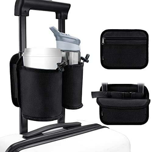 WALNEW Luggage Travel Cup Holder, Hands-free Drink Caddy Attachment Drinks Carrier for Drink Beverages Coffee Mugs fits Roll on Suitcase Handles Travel Accessories Black