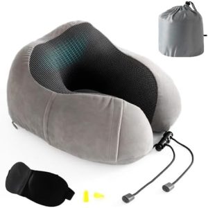 Good Nite Travel Pillow Neck Memory Foam Support Pillow for Adults Travel Airplane Camping Car Train Office Pillow Flight Plane Pillows with Ear Plugs Eye Mask Carry Bag Grey