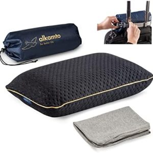 Travel Pillow - Ergonomic Neck Support Memory Foam with Temperature-Regulating Pillowcase - Includes Extra Cotton Cover and Carry Bag (15,7 x 10,6 x 3,9 In - Black + Extra Cover)