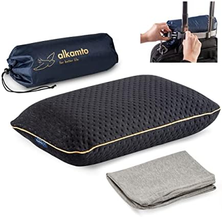 Travel Pillow - Ergonomic Neck Support Memory Foam with Temperature-Regulating Pillowcase - Includes Extra Cotton Cover and Carry Bag (15,7 x 10,6 x 3,9 In - Black + Extra Cover)