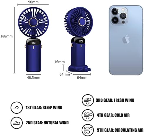 Jsdoin Hand Held Fan,Portable Handheld USB Rechargeable Fans with 5 Speeds,Battery Operated Mini Fan Foldable Desk Desktop Fans with LED Display for Home Office Bedroom Outdoor Travel (DarkBlue) - Image 4