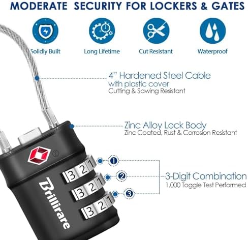 2 Pack TSA Approved Luggage Locks, Combination Travel Cable Lock, 3-Digit Waterproof Padlock, Zinc Alloy Outdoor Keyless Resettable Lock for Travel, Lockers, Bags, Backpack, Gym, Gate-by Brillirare - Image 5