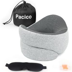 Travel Pillow, Neck Pillow, 100% Pure Memory Foam Sleeping Pillow for Car, Train and Airplane, Travel Kit with 3D Contoured Eye Masks and Earplugs, Grey