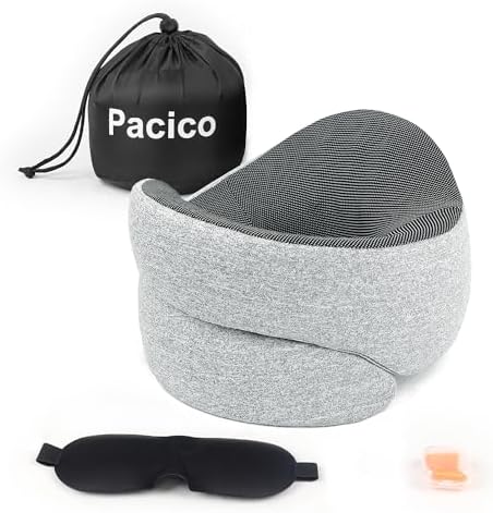 Travel Pillow, Neck Pillow, 100% Pure Memory Foam Sleeping Pillow for Car, Train and Airplane, Travel Kit with 3D Contoured Eye Masks and Earplugs, Grey