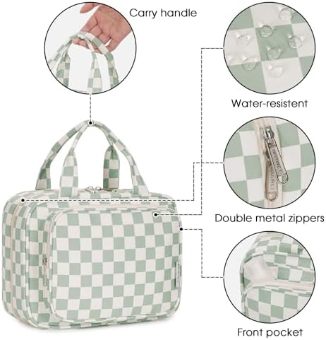 Narwey Checkered Hanging Travel Toiletry Bag for Women Wash Bag Cosmetics Makeup Bag Organizer for Travel Size Accessories(Checkerboard Mint Green (Medium)) - Image 3