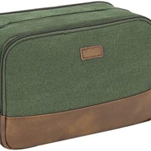 WANDF Travel Toiletry Bag for Men Hanging Dopp Kit Canvas Toiletry Organizer Water-Resistant Vegan Leather Shaving Bag for Toiletries Accessories (Green)