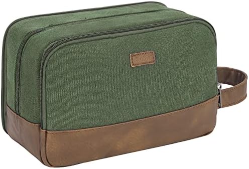 WANDF Travel Toiletry Bag for Men Hanging Dopp Kit Canvas Toiletry Organizer Water-Resistant Vegan Leather Shaving Bag for Toiletries Accessories (Green)