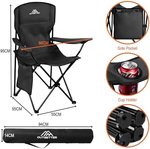 Camping Chair Lightweight Folding Portable Camping Chair with Cup Holder and Side Pocket Outdoor Folding Chair 120kg Capacity Fishing Chair for Outdoor, Fishing, Picnics and Travel Adventures Black - Image 3