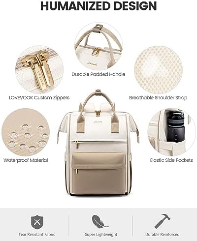 LOVEVOOK Backpack Womens, 15.6 Inch Laptop Travel Work Rucksack, Waterproof School Bag with USB Port for Teacher Nurse, Anti Theft Ladies Computer Back Pack for Office Business College Uni, Beige - Image 5