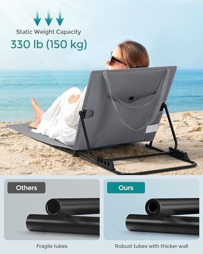 SONGMICS Set of 2 Folding Beach Sunloungers, Deck Beach Chairs Mats, Reclining Backrest, Lightweight Portable with Handle, for Camping Garden Pool, 158 x 55 cm, Slate Grey GCB251G01 - Image 4
