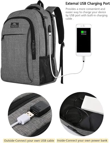 MATEIN Travel Laptop Backpack, Work Bag Lightweight Laptop Bag with USB Charging Port, Anti Theft Business Backpack, Water Resistant School Rucksack Gift for Men and Women, Fits 15.6 Inch, Grey - Image 3