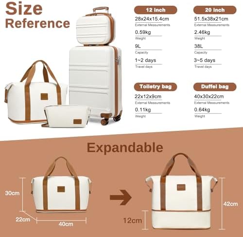 Kono Suitcase Lightweight ABS Hard Shell Carry-Ons Cabin Case 12'' and 20'' Luggage Set with TSA Lock Luggage Sets of 4 Piece Included Duffels Bag & Toiletry Bag for Travel(Cream White) - Image 2