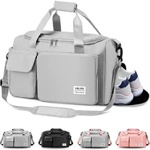 Gym Bag, Travel Bag with Wet Pocket, Portable Overnight Bags for Women, Waterproof Lightweight Gym Bag Mens for Weekender, Vacation(Grey)