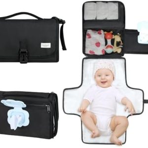 LANDICI Portable Nappy Changing Mat Travel Baby Change Mat with Smart Wipes Pocket,Foldable Waterproof Diaper Pad Bag,Baby Essentials Changing Station for Boy & Girl,Newborn Shower Gifts -Black
