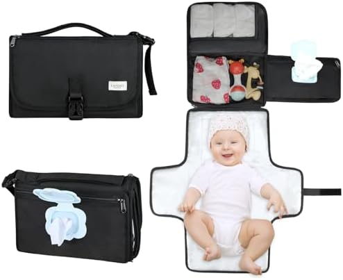 LANDICI Portable Nappy Changing Mat Travel Baby Change Mat with Smart Wipes Pocket,Foldable Waterproof Diaper Pad Bag,Baby Essentials Changing Station for Boy & Girl,Newborn Shower Gifts -Black
