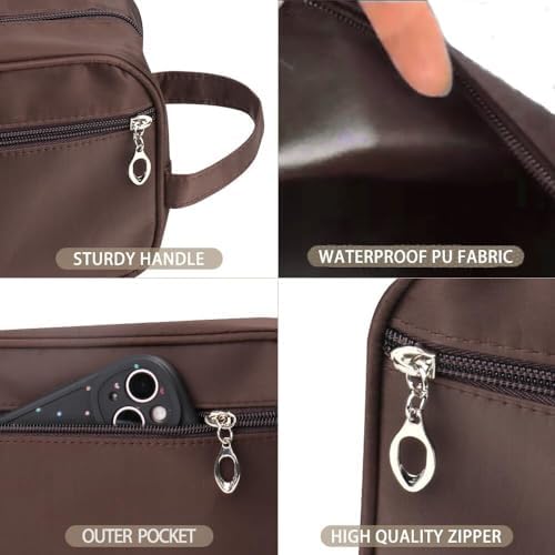 Toiletry Bag for Men, Large Travel Wash Bag Water-Resistant Gym Shaving Organiser Bag, Shower Bathroom Makeup Bag with Handle for Cosmetics Brushes Tools (Brown) - Image 3