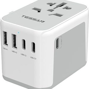 TESSAN Universal Travel Adapter 28W, Worldwide Plug Adaptor with 2 USB A and 3 USB C Ports, International Travel Adapter for EU, UK, USA, AU, Power Socket Charger for Multi Countries, Grey White