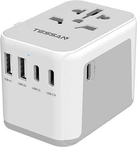 TESSAN Universal Travel Adapter 28W, Worldwide Plug Adaptor with 2 USB A and 3 USB C Ports, International Travel Adapter for EU, UK, USA, AU, Power Socket Charger for Multi Countries, Grey White
