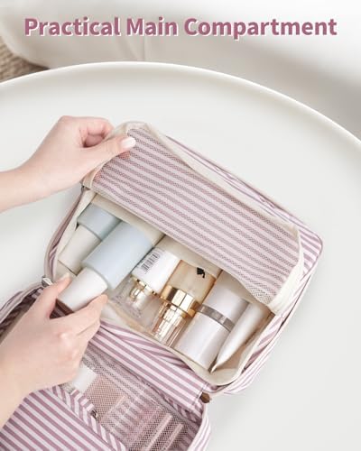 Travel Hanging Toiletry Wash Bag Makeup Cosmetic Organizer for Women Waterproof (Dusty Rose Stripe) - Image 3