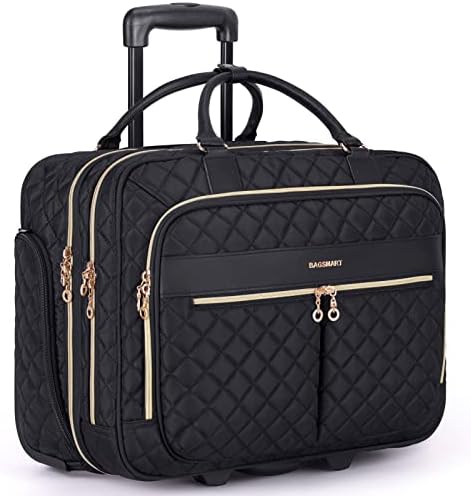 bagsmart 17.3 Inch Rolling Laptop Bag Women Men,Rolling Briefcase for Women with Wheels,Rolling Computer Bags Laptop Case for Office Travel Business,Quilted Black