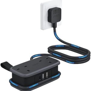 NTONPOWER Travel Extension Lead, Extension Lead with USB Slots, 1.2M Extension Cord Compact Extension Lead with 2 Way Outlets 3 USB（1 Type C) for Cruise Travel Essential Hotel Home Office Camping
