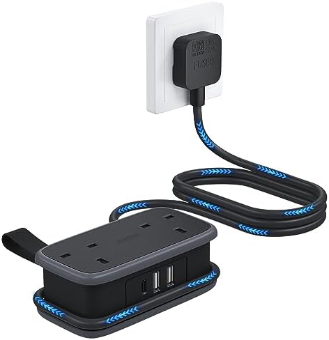 NTONPOWER Travel Extension Lead, Extension Lead with USB Slots, 1.2M Extension Cord Compact Extension Lead with 2 Way Outlets 3 USB(1 Type C) for Cruise Travel Essential Hotel Home Office Camping