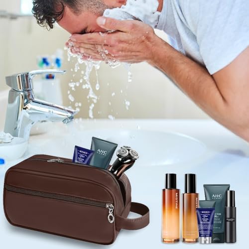 Toiletry Bag for Men, Large Travel Wash Bag Water-Resistant Gym Shaving Organiser Bag, Shower Bathroom Makeup Bag with Handle for Cosmetics Brushes Tools (Brown) - Image 2