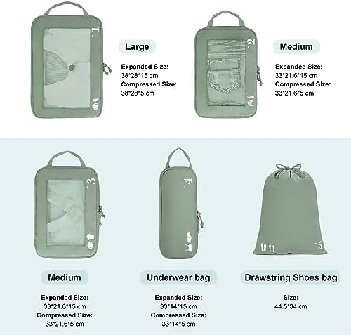 ECOHUB 5 Set Compression Packing Cubes for Suitcases Organiser Bags Travel Accessories with Shoes Bag Tear-resistant Travel Cubes with ID Tag Expandable Packing Bags(Green) - Image 2