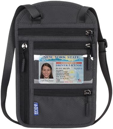 Travel Neck Wallet With RFID Protection, Passport Holder, Waterproof Pouch for Women Men, Adjustable Strap