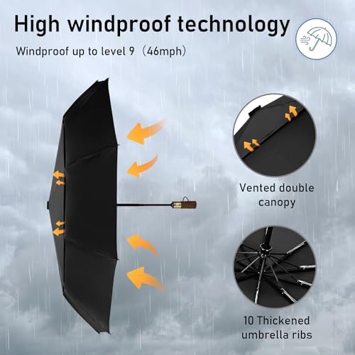 ECOHUB Travel Umbrella Windproof Strong With Compact Foldable, Automatic Open/Close, 10 Sturdy Ribs, Recycled PET Fabric, Wooden Handle & Ventilated Waterproof Canopy - Anti-Lost Sleeve, Black - Image 3