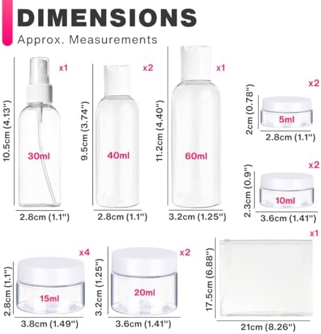 15pc Travelling Toiletry Set - 4 Easy Squeeze Bottles, 10 Jars and a Zip Up Storage Bag, Hand Luggage Cosmetic Containers, Holiday Toiletries Bottles, Clear Refillable & Portable Travel Set - Image 2