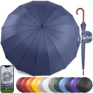 Royal Walk Windproof Umbrella Black Large 54 Inch Automatic Open for 2 Persons Stormproof for Men Women Classic Wooden Handle Lightweight Waterproof Durable Strong 16 Ribs Travel Golf 120cm Navy Blue