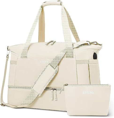 ETRONIK Gym Bag Womens, Sports Travel Duffel Bag with USB Charging Port, Weekend Overnight Bag for Women with Wet Pocket and Shoes Compartment, Hospital Bag, Beige - Image 4