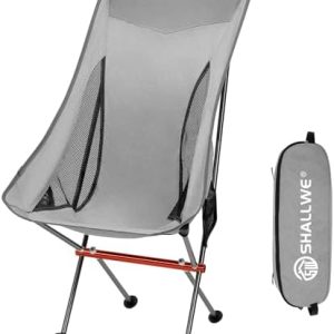 SHALLWE Ultralight High Back Folding Camping Chair, Upgraded All Aluminum Frame for Adult, Built-in Pillow, Side Pocket & Carry Bag, Compact & Heavy Duty for Outdoor Backpacking(Silver)