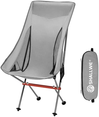 SHALLWE Ultralight High Back Folding Camping Chair, Upgraded All Aluminum Frame for Adult, Built-in Pillow, Side Pocket & Carry Bag, Compact & Heavy Duty for Outdoor Backpacking(Silver)