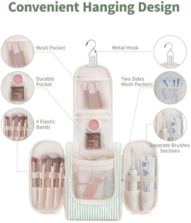 Narwey Travel Hanging Toiletry Wash Bag Makeup Cosmetic Organizer for Women (Mint Green Stripe (Small)) - Image 5