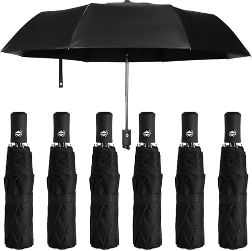 6 Pack Folding Travel Umbrella, Automatic Open Umbrellas Bulk, 8 Ribs Windproof Compact Umbrellas, Portable Sun Rain UV Auto Open & Close Umbrella for Men Women, Black