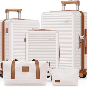 SHOWKOO Suitcase Sets 5 Piece Hard Shell Expandable Lightweight 100% PC Durable Carryon Trolley Travel Luggage Double Spinner Wheels & TSA Lock with Travel Duffels Bag +Toiletry Bag -Beige White