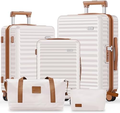 SHOWKOO Suitcase Sets 5 Piece Hard Shell Expandable Lightweight 100% PC Durable Carryon Trolley Travel Luggage Double Spinner Wheels & TSA Lock with Travel Duffels Bag +Toiletry Bag -Beige White