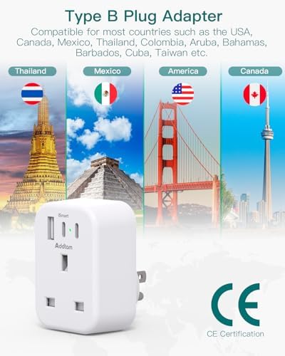 UK to US Plug Adaptor, USA Travel Adapter with 1 USB & 2 USB C Ports for American, Canada, Thailand, Mexico, Colombia Grounded Charger, 4 in 1 Plug Adapter from UK to USA for Phone, Computer (Type B) - Image 6